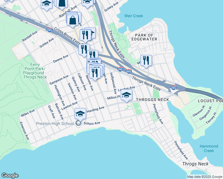 map of restaurants, bars, coffee shops, grocery stores, and more near 2961 Lawton Avenue in Bronx