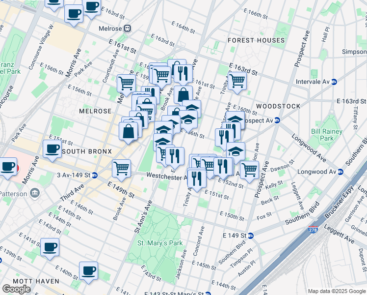 map of restaurants, bars, coffee shops, grocery stores, and more near 701 Cauldwell Avenue in Bronx