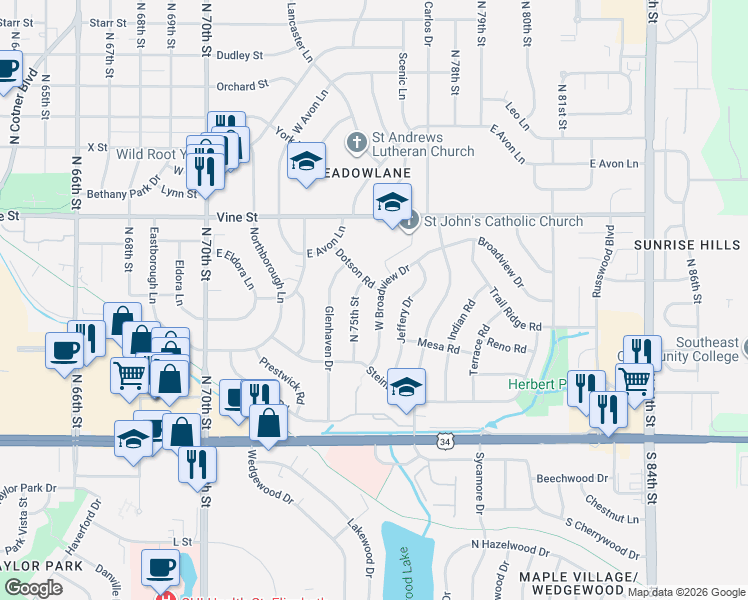 map of restaurants, bars, coffee shops, grocery stores, and more near 531 West Broadview Drive in Lincoln