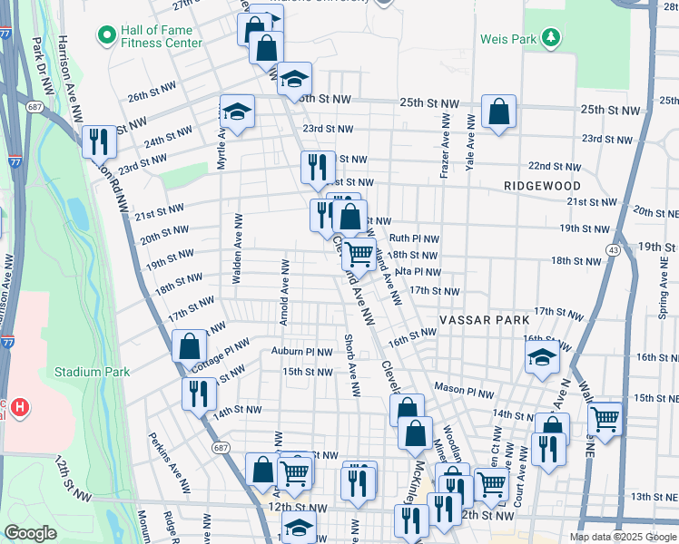map of restaurants, bars, coffee shops, grocery stores, and more near 1803 Cleveland Avenue Northwest in Canton