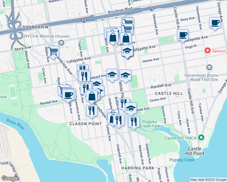 map of restaurants, bars, coffee shops, grocery stores, and more near 605 Bolton Avenue in Bronx