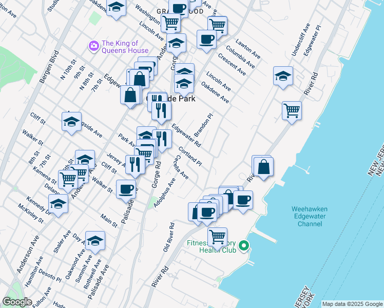 map of restaurants, bars, coffee shops, grocery stores, and more near 45 Cortland Place in Cliffside Park