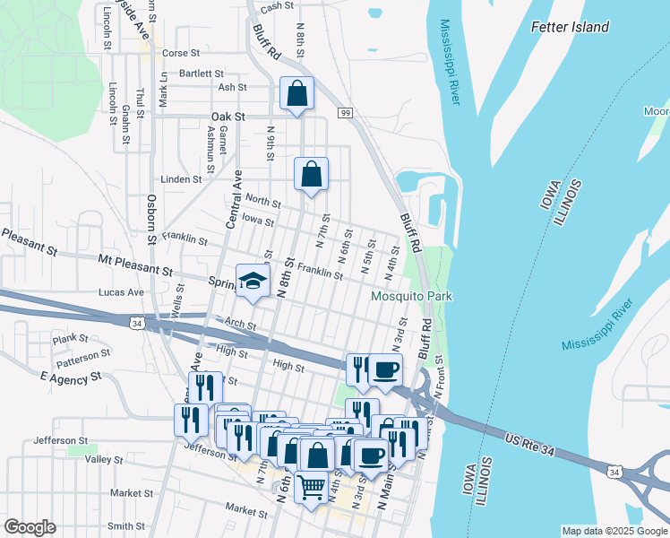 map of restaurants, bars, coffee shops, grocery stores, and more near 1003 North 6th Street in Burlington