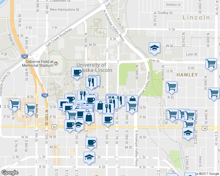 map of restaurants, bars, coffee shops, grocery stores, and more near 480 North 16th Street in Lincoln