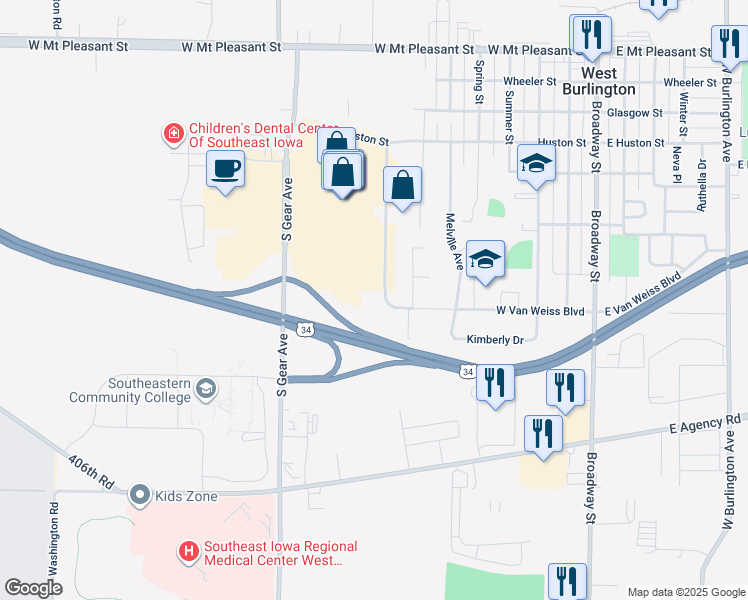 map of restaurants, bars, coffee shops, grocery stores, and more near 813 West Van Weiss Boulevard in West Burlington
