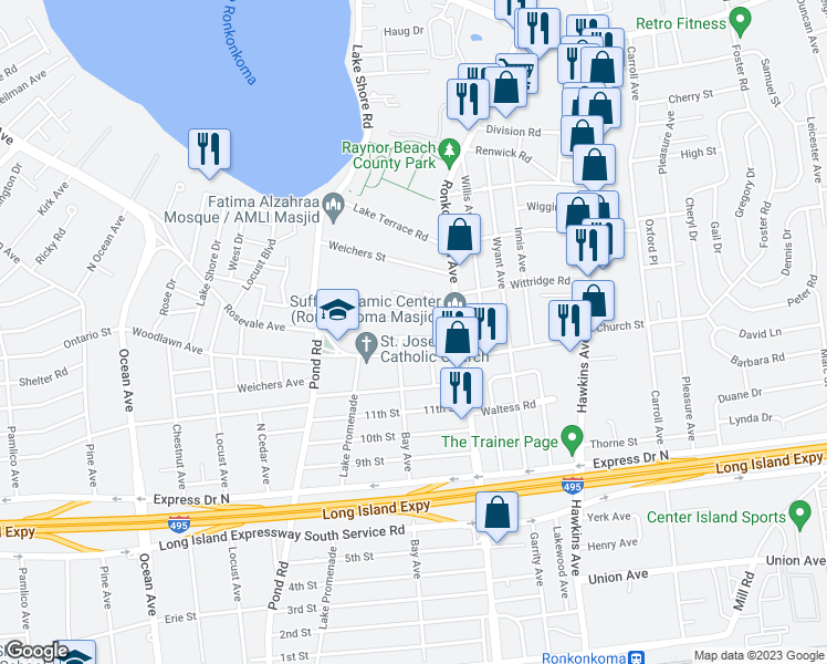 map of restaurants, bars, coffee shops, grocery stores, and more near 19 Oakwood Avenue in Lake Ronkonkoma