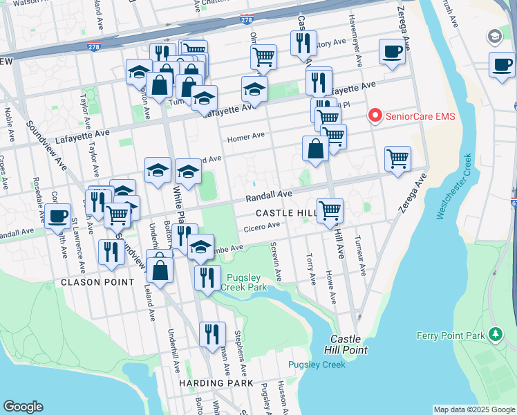 map of restaurants, bars, coffee shops, grocery stores, and more near 2045 Caesar Place in Bronx