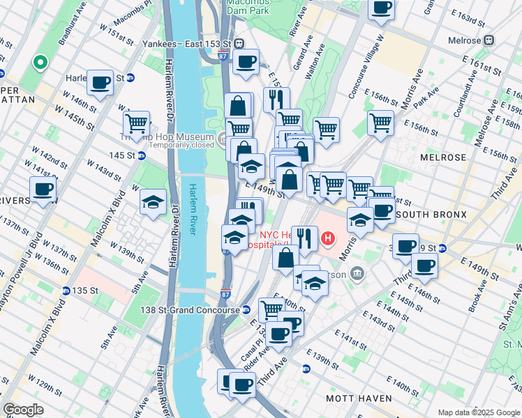 map of restaurants, bars, coffee shops, grocery stores, and more near 479 Walton Avenue in Bronx