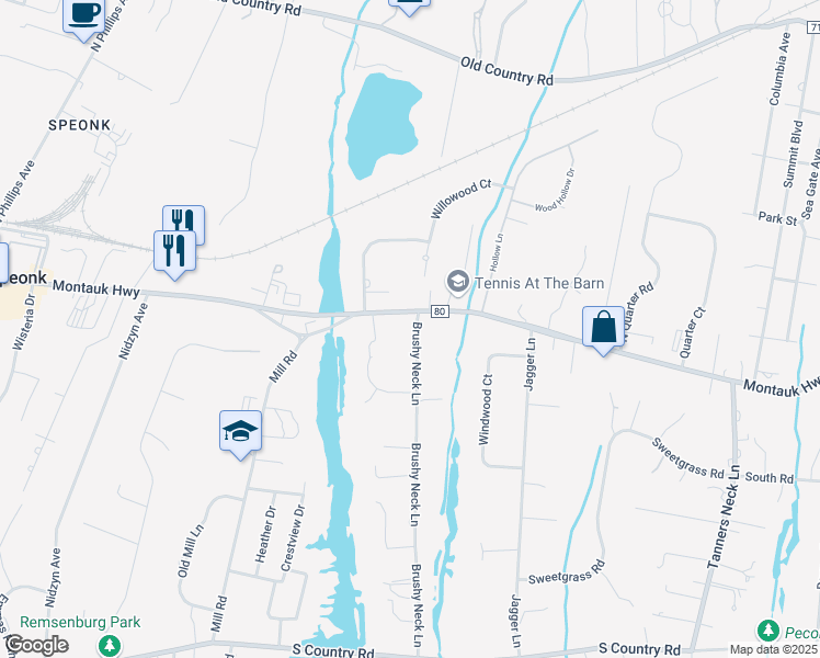 map of restaurants, bars, coffee shops, grocery stores, and more near 43 Brushy Neck Lane in Westhampton