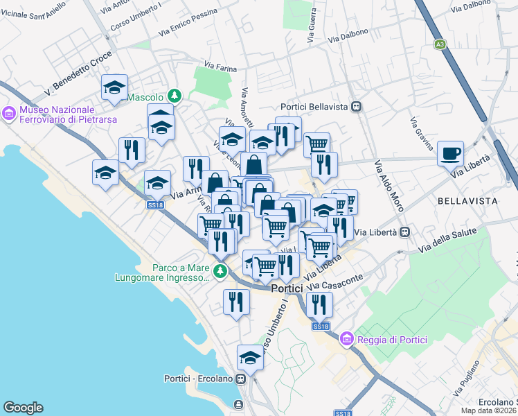 map of restaurants, bars, coffee shops, grocery stores, and more near 54 Via Guglielmo Marconi in Portici