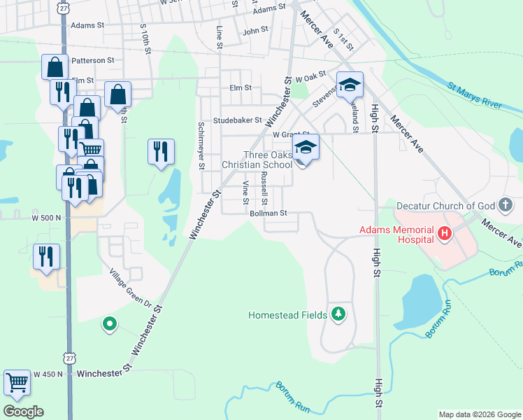 map of restaurants, bars, coffee shops, grocery stores, and more near 1062 Russell Street in Decatur