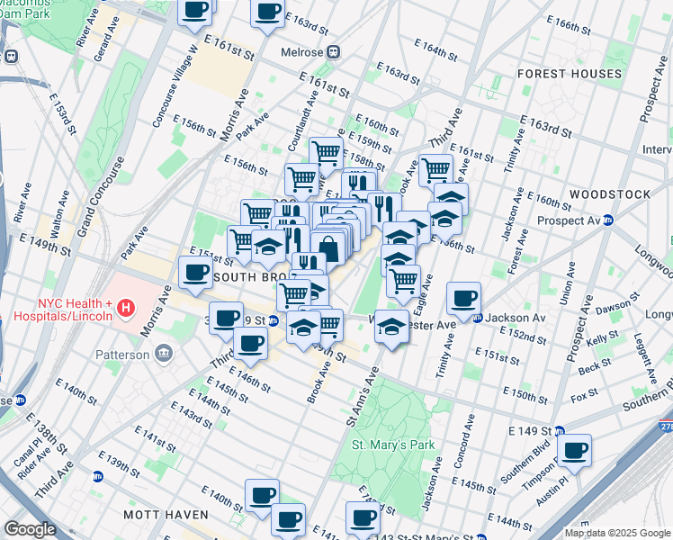 map of restaurants, bars, coffee shops, grocery stores, and more near 480 East 153rd Street in The Bronx