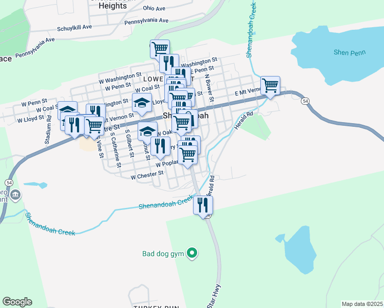 map of restaurants, bars, coffee shops, grocery stores, and more near 227 South Main Street in Shenandoah