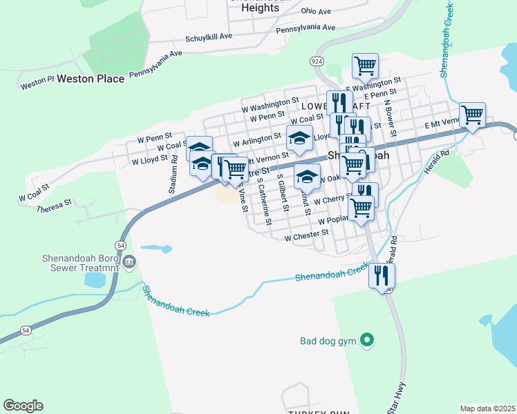 map of restaurants, bars, coffee shops, grocery stores, and more near 512 West Atlantic Street in Shenandoah