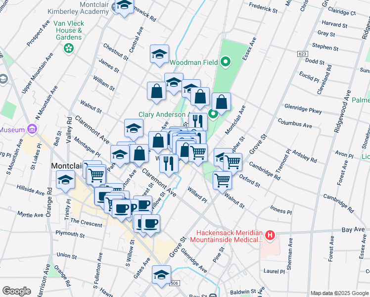 map of restaurants, bars, coffee shops, grocery stores, and more near 19 Label Street in Montclair