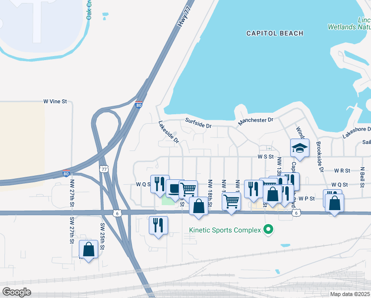 map of restaurants, bars, coffee shops, grocery stores, and more near 510 Lakeside Drive in Lincoln