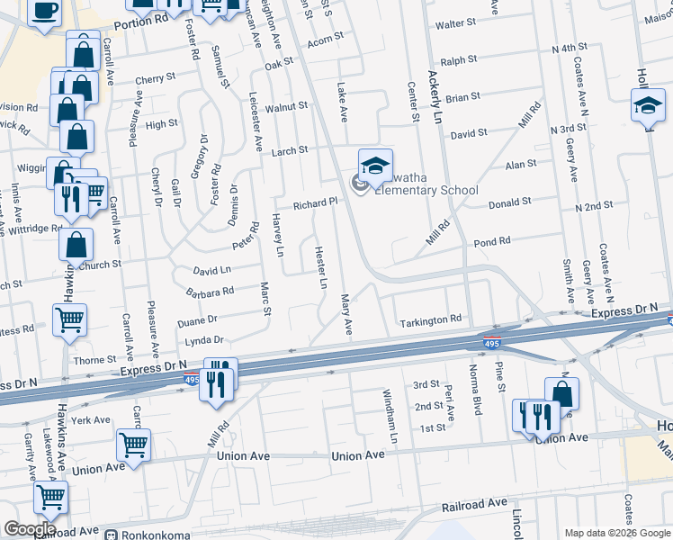 map of restaurants, bars, coffee shops, grocery stores, and more near 71 Mary Avenue in Ronkonkoma