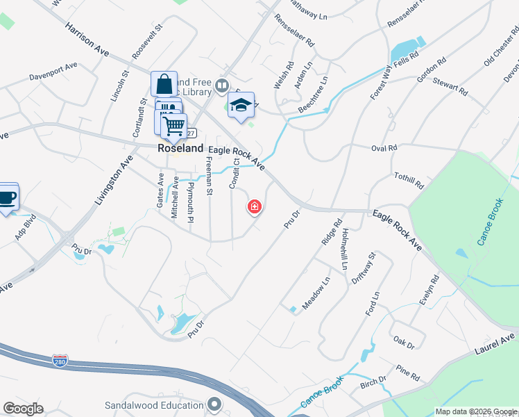 map of restaurants, bars, coffee shops, grocery stores, and more near 66 Monroe Avenue in Roseland