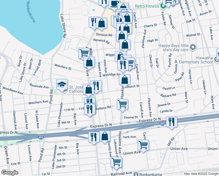 map of restaurants, bars, coffee shops, grocery stores, and more near 3 Innis Avenue in Lake Ronkonkoma