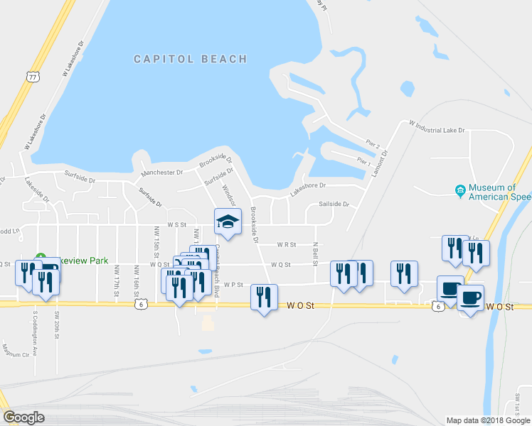 map of restaurants, bars, coffee shops, grocery stores, and more near 521 Northwest 9th Street in Lincoln