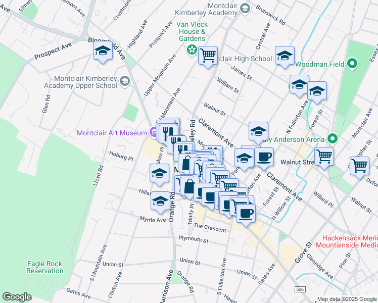 map of restaurants, bars, coffee shops, grocery stores, and more near 64 Valley Road in Montclair