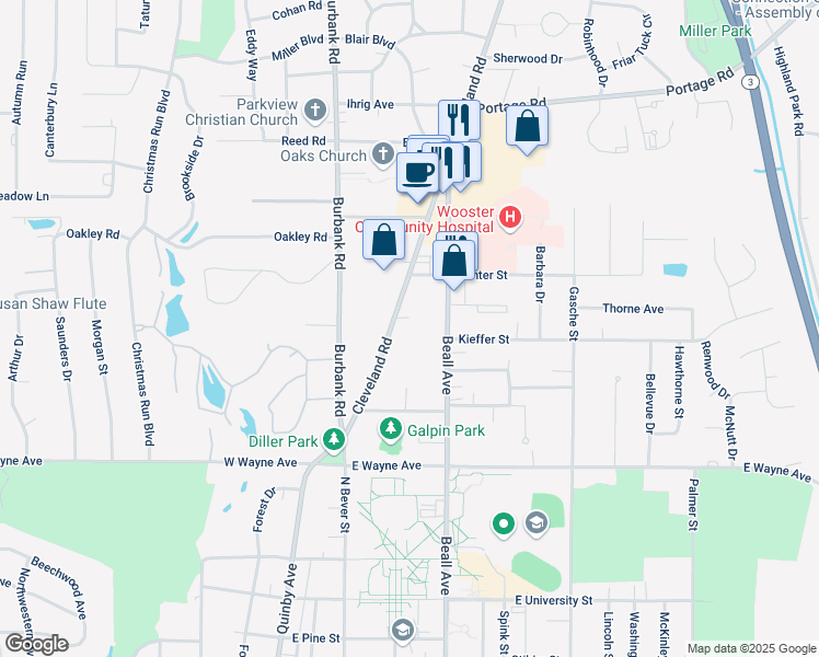 map of restaurants, bars, coffee shops, grocery stores, and more near 1615 Cleveland Road in Wooster