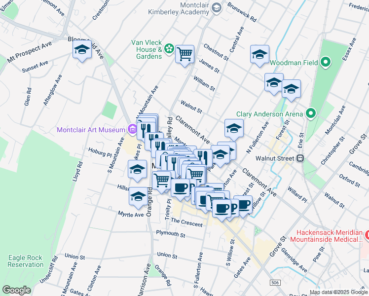 map of restaurants, bars, coffee shops, grocery stores, and more near 56 Montague Place in Montclair
