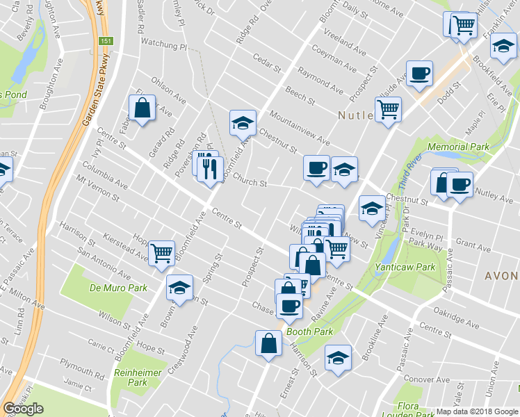 map of restaurants, bars, coffee shops, grocery stores, and more near 33 Clover Street in Nutley