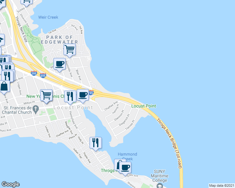 map of restaurants, bars, coffee shops, grocery stores, and more near Throggs Neck Expressway in Bronx
