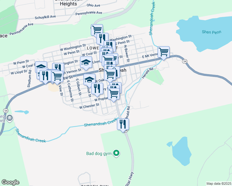 map of restaurants, bars, coffee shops, grocery stores, and more near 227 South Main Street in Shenandoah