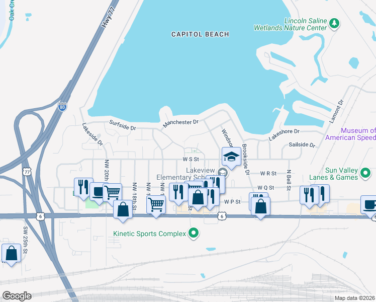 map of restaurants, bars, coffee shops, grocery stores, and more near 510 Surfside Drive in Lincoln