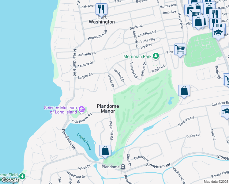 map of restaurants, bars, coffee shops, grocery stores, and more near 27 Leeds Drive in Port Washington