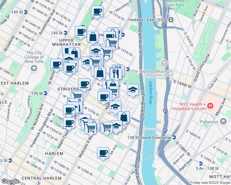 map of restaurants, bars, coffee shops, grocery stores, and more near 628 Malcolm X Boulevard in New York