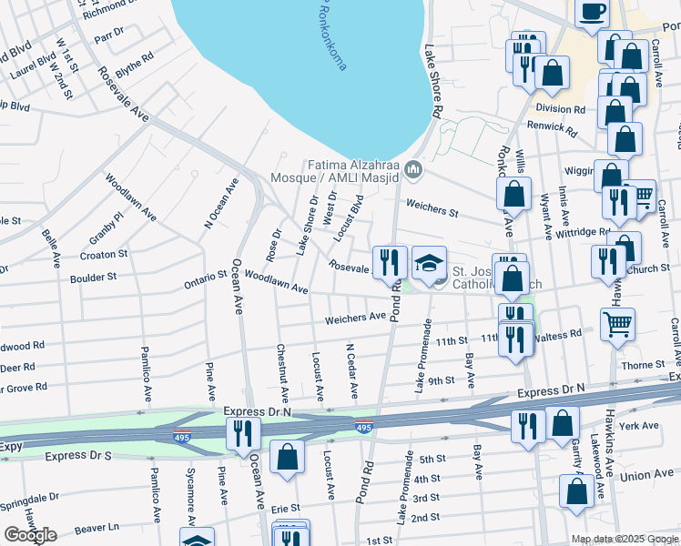 map of restaurants, bars, coffee shops, grocery stores, and more near 19 Weichers Place in Ronkonkoma