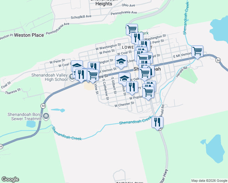 map of restaurants, bars, coffee shops, grocery stores, and more near 423 West Cherry Street in Shenandoah