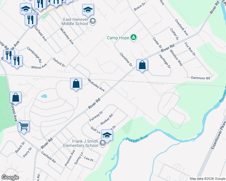 map of restaurants, bars, coffee shops, grocery stores, and more near 293 River Road in East Hanover