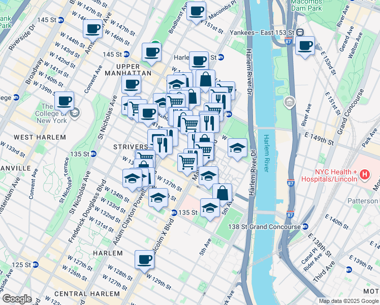 map of restaurants, bars, coffee shops, grocery stores, and more near 143 West 140th Street in New York