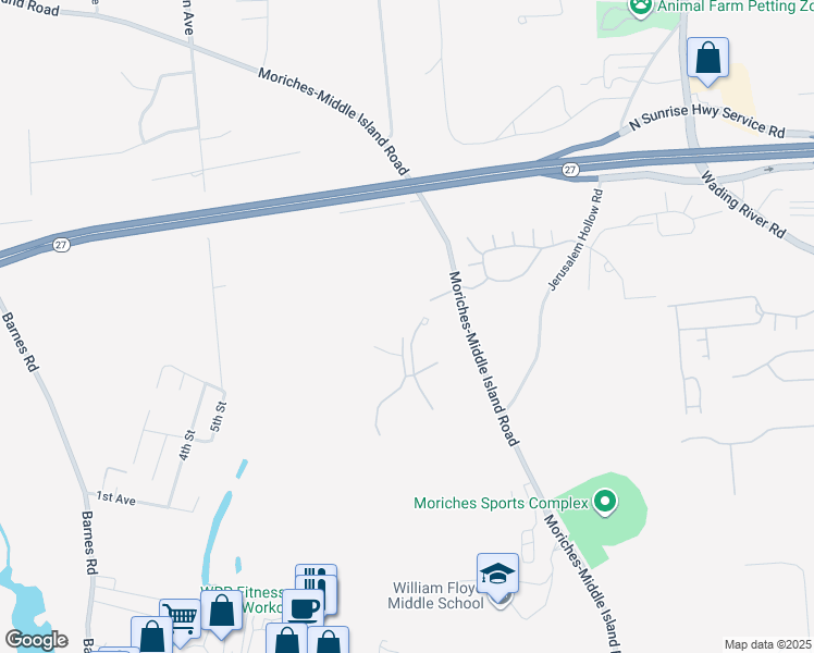 map of restaurants, bars, coffee shops, grocery stores, and more near 1B Meadowoods Lane in Moriches