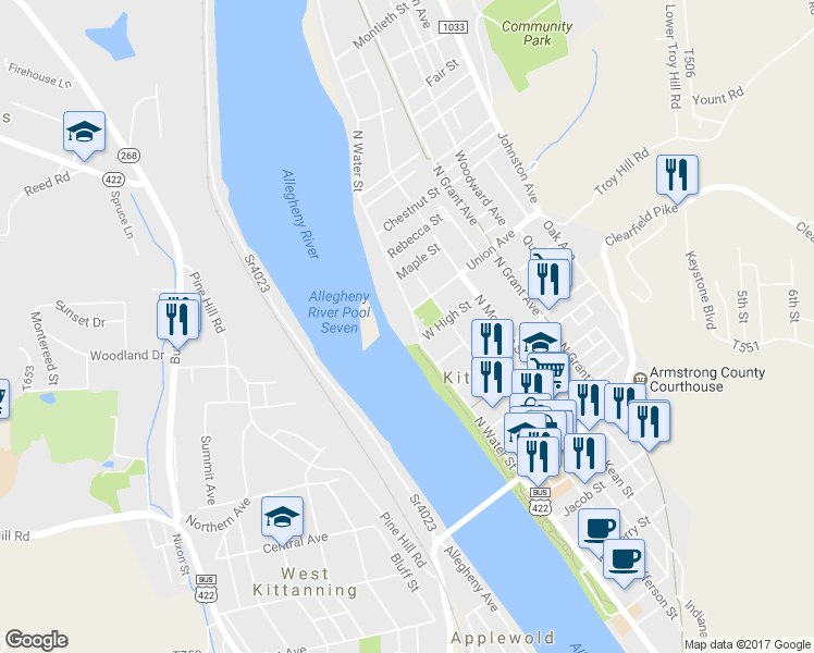 map of restaurants, bars, coffee shops, grocery stores, and more near 419 N Water St in Kittanning