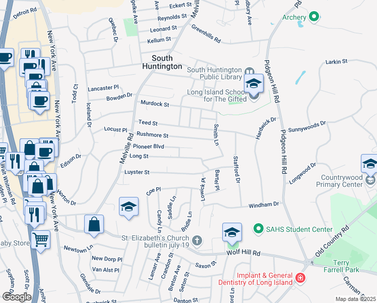 map of restaurants, bars, coffee shops, grocery stores, and more near 46 Pioneer Boulevard in Huntington Station