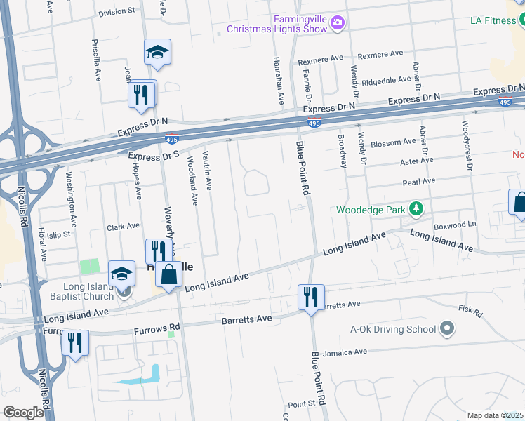 map of restaurants, bars, coffee shops, grocery stores, and more near 27 Albermarle Avenue in Holtsville