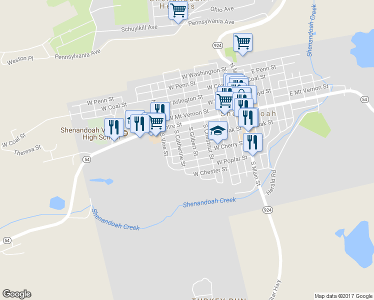 map of restaurants, bars, coffee shops, grocery stores, and more near 423 West Cherry Street in Shenandoah