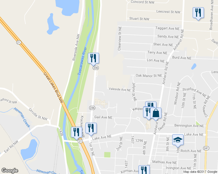 map of restaurants, bars, coffee shops, grocery stores, and more near 214 Valeside Street Northwest in Massillon