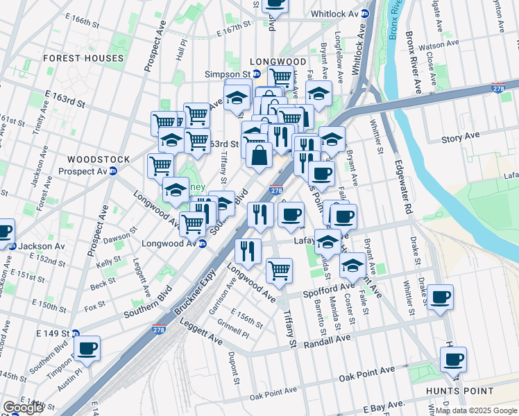 map of restaurants, bars, coffee shops, grocery stores, and more near 130 Bruckner Boulevard in Bronx