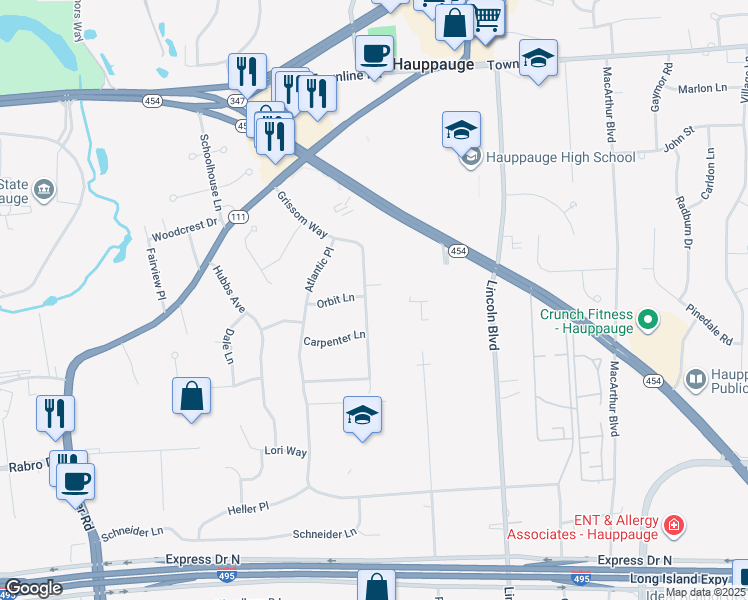 map of restaurants, bars, coffee shops, grocery stores, and more near 85 Grissom Way in Hauppauge