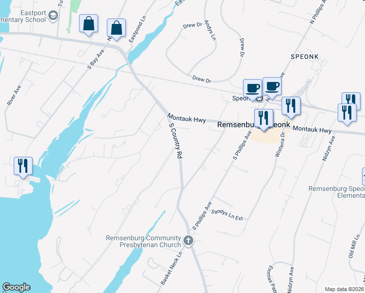 map of restaurants, bars, coffee shops, grocery stores, and more near 186 South Country Road in Remsenburg-Speonk