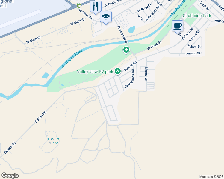 map of restaurants, bars, coffee shops, grocery stores, and more near 651 Bullion Road in Elko