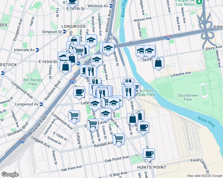 map of restaurants, bars, coffee shops, grocery stores, and more near 820 Longfellow Avenue in Bronx