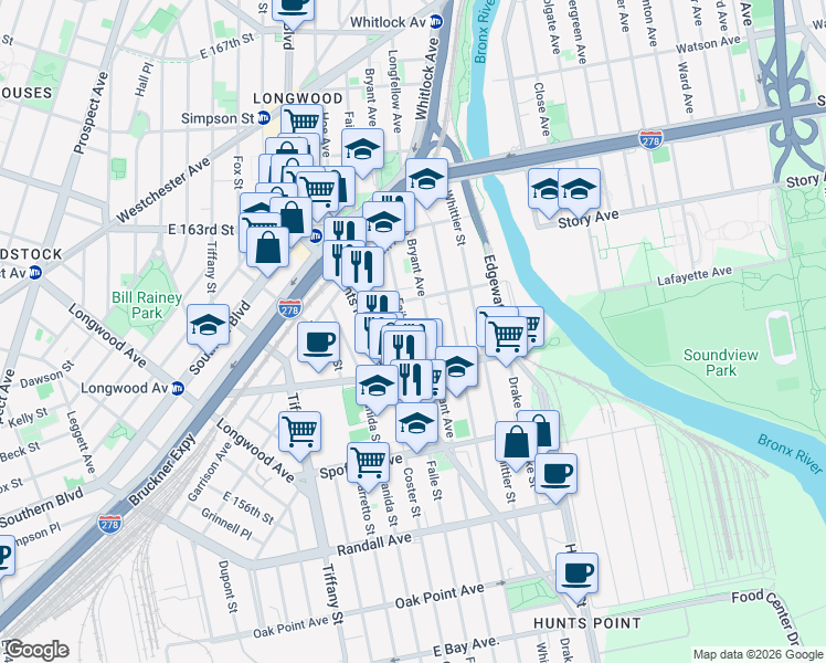 map of restaurants, bars, coffee shops, grocery stores, and more near 836 Faile Street in Bronx