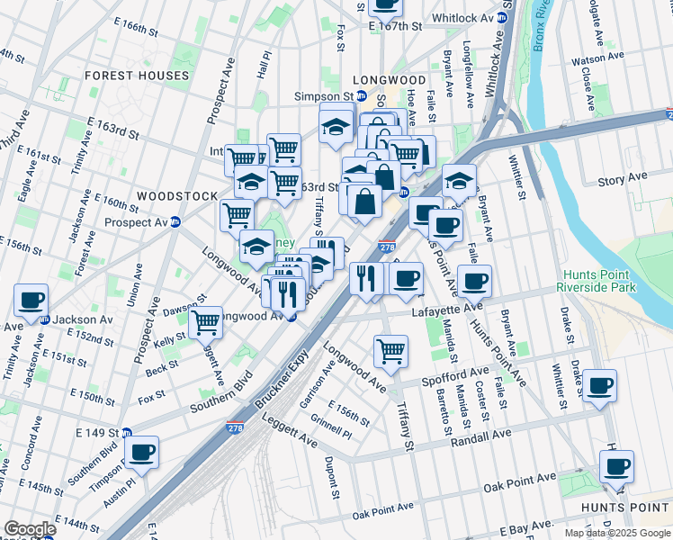 map of restaurants, bars, coffee shops, grocery stores, and more near 860 Southern Boulevard in Bronx